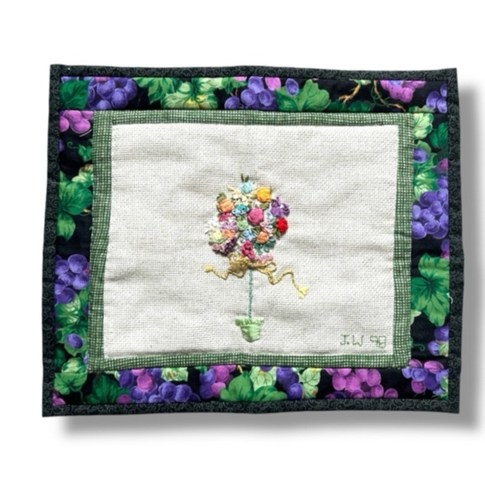 Vintage Handmade Quilted Flower Tapestry Wall Hanging Grapes Cottagecore Decor